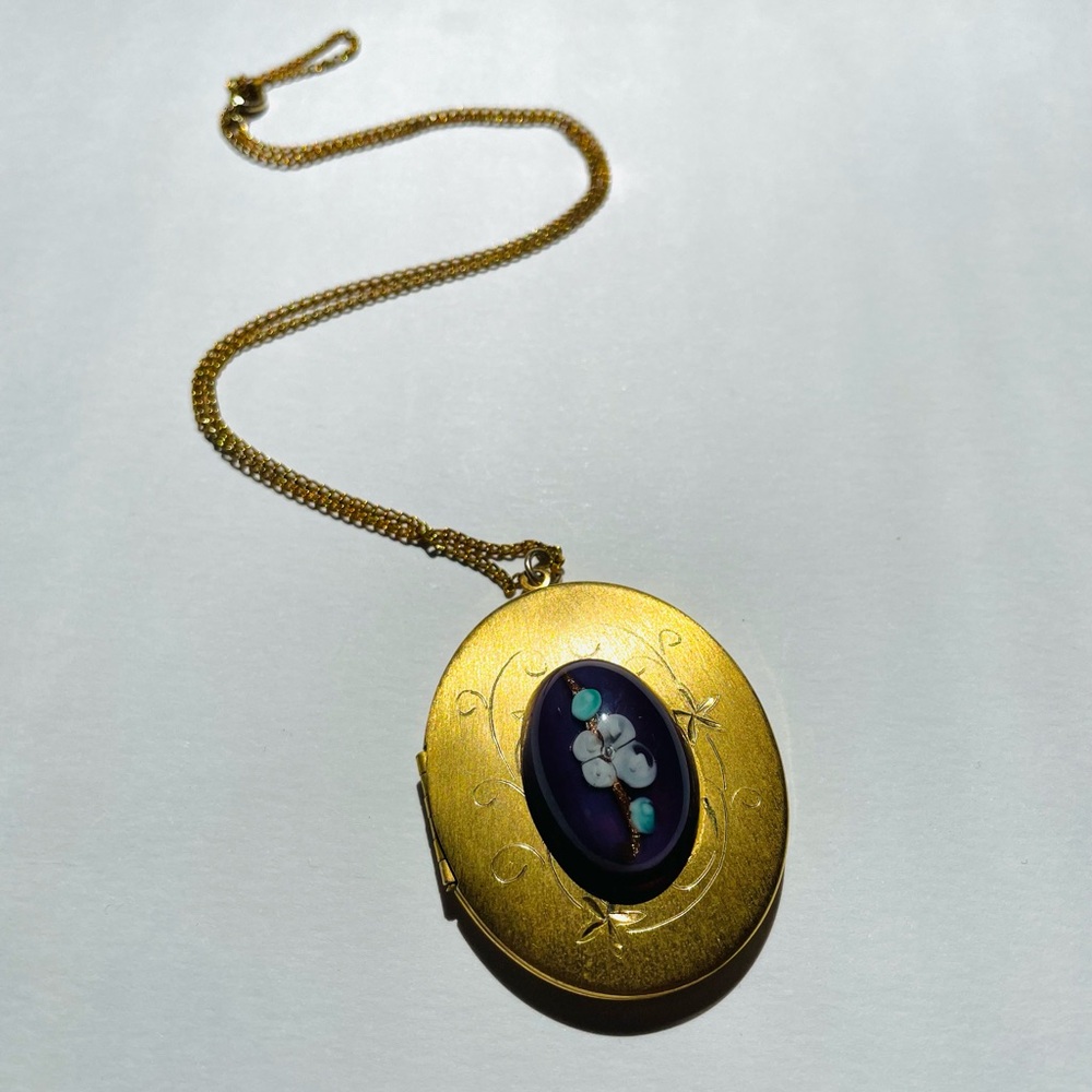 Vintage Locket With Etched Design And Glass Cherry Blossom Cabochon